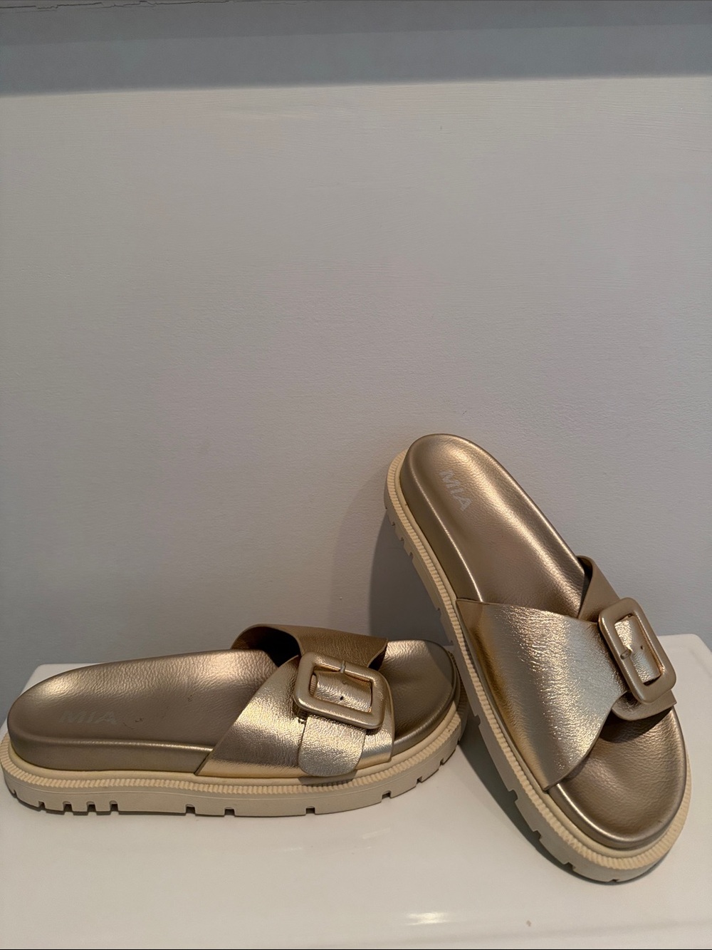 MIA Metallic Champagne Gold Buckle Slide Sandals